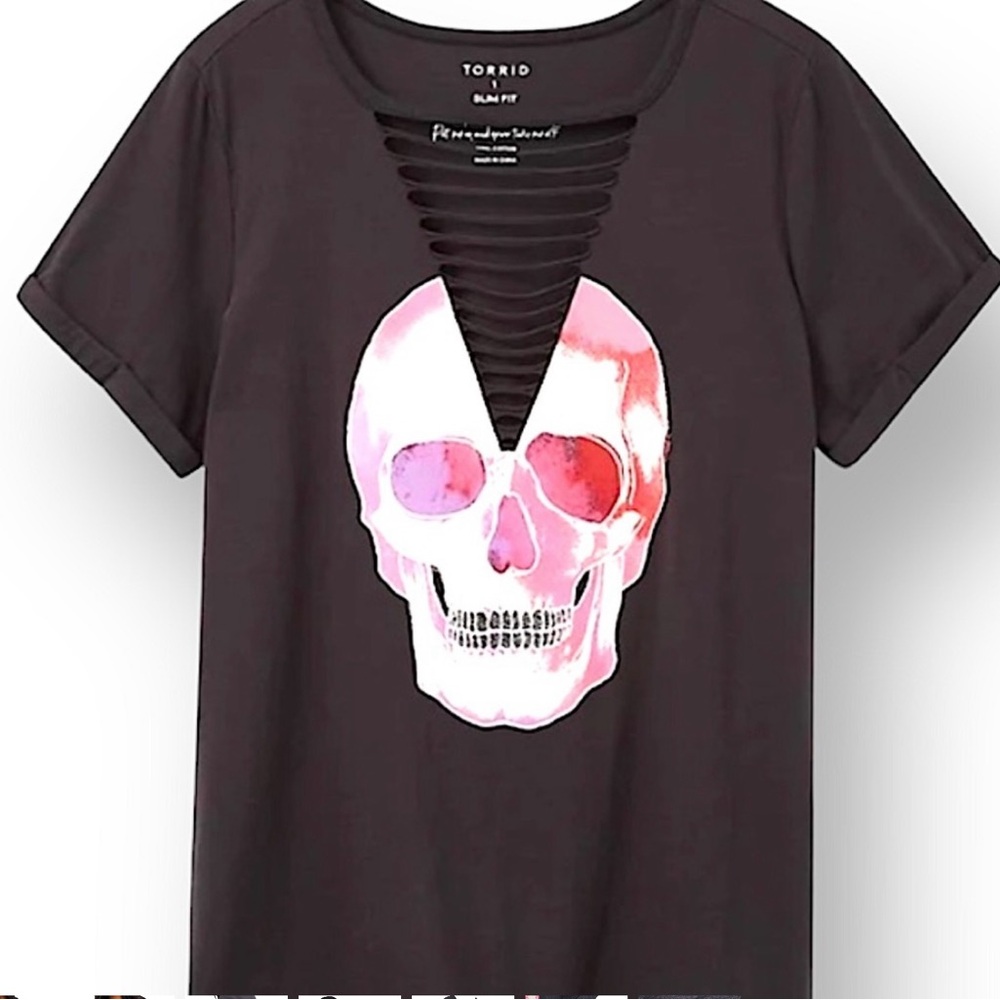 Torrid Black Pink Skull Graphic Cut Out Tee - Picture 3 of 11